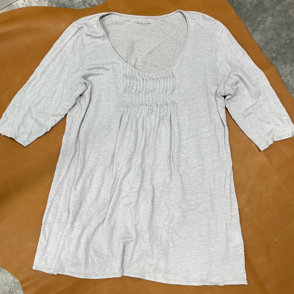 Eileen Fisher Gray Linen Elbow Sleeve Top L